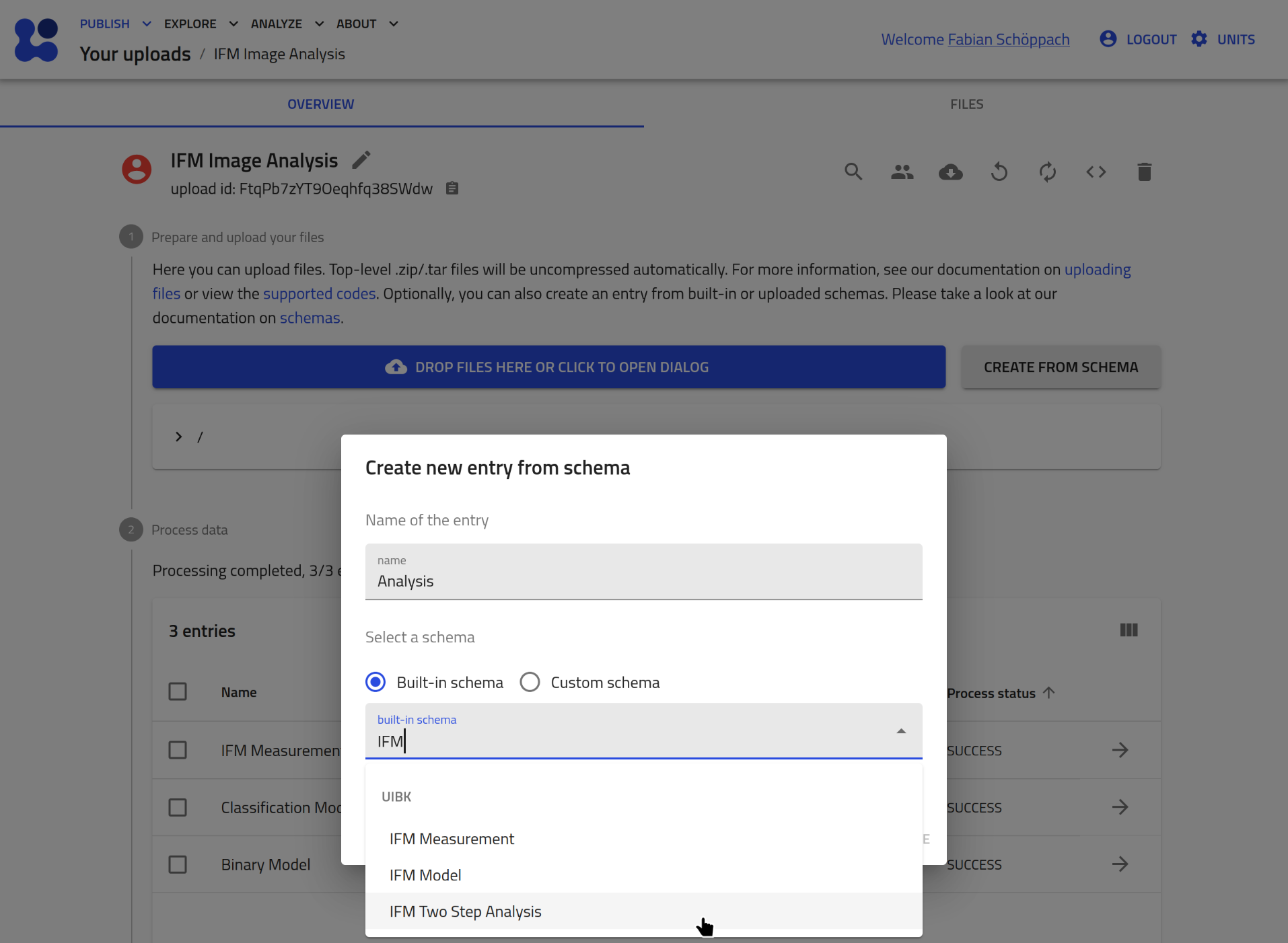 Create a new IFM analysis entry