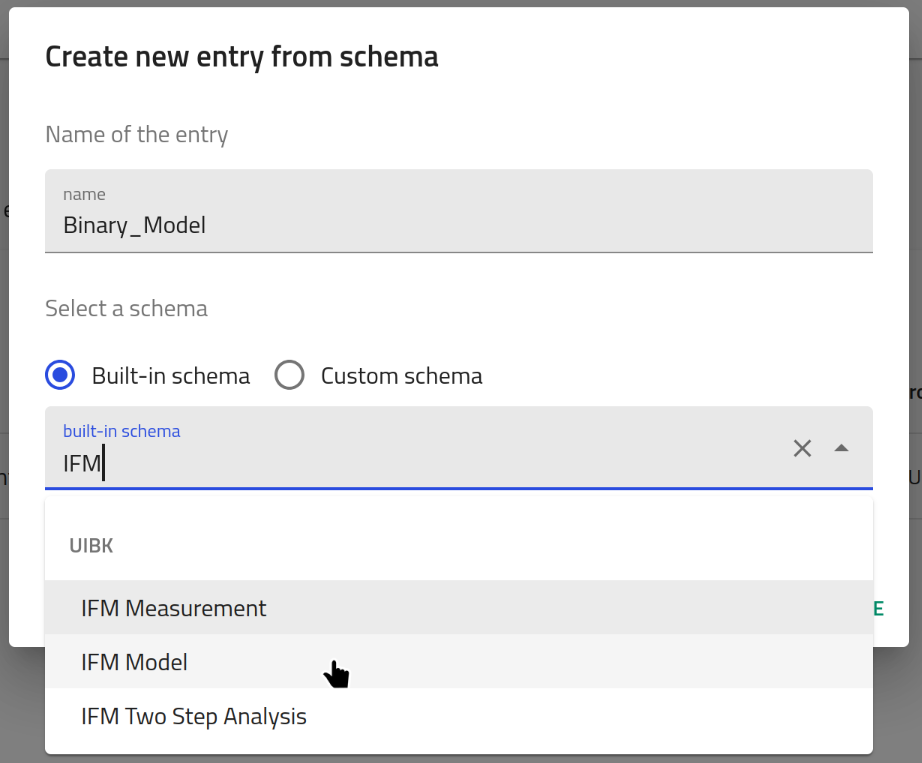 Create a new IFM model entry
